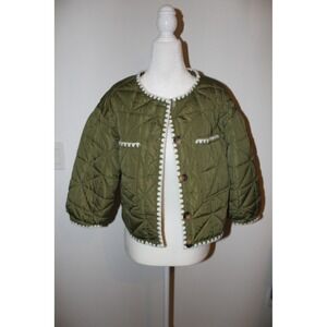 Army Green Quilted Cropped Jacket with White Crochet Trim Size Small